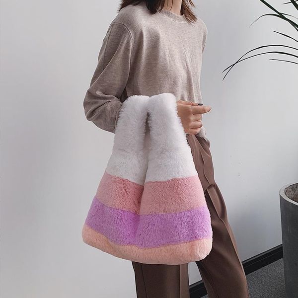 

elegant female contrast color tote bag 2020 winter new quality soft plush women's designer handbag high capacity shoulder bags