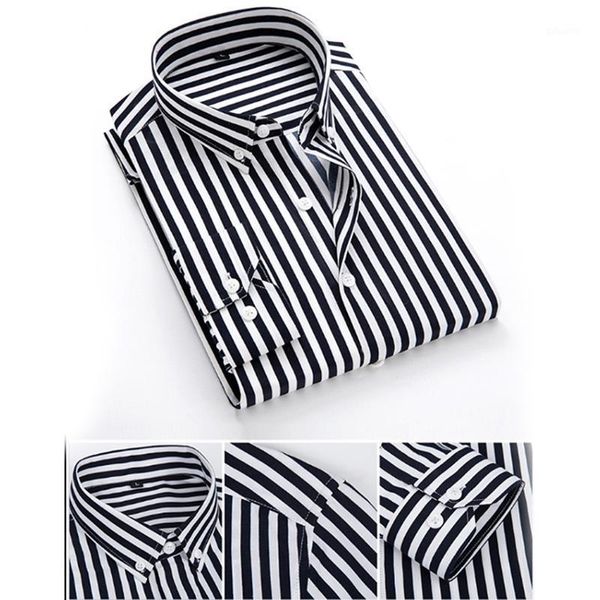 

mens business casual long sleeved men button shirt classic striped slim fit male social men's dress shirts outwear1, White;black