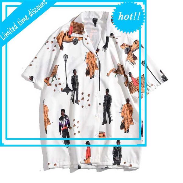 

full printed hawaii turn-down collar men's shirt street hip hop shirts for men white/black