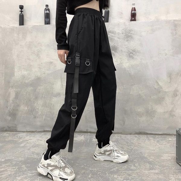 

cargo pants women korean style black punk pants for women chain trousers fashion thin pockets sweat pants joggers women, Black;white