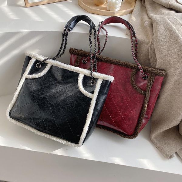 

cross body large capacity lamb hair shoulder bag female autumn and winter fashion one bags rhombic chain black