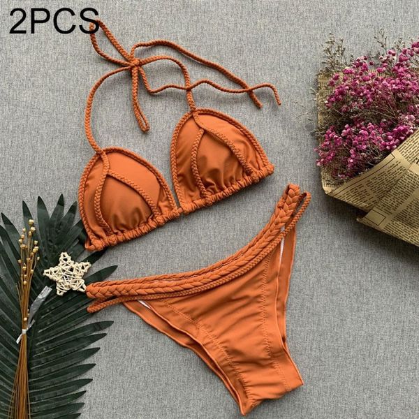

2 pcs solid color braided straps bikini set swimsuit sizel, White;black