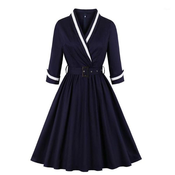 

woman 3/4 quarter sleeves wrap surplice v neck autumn winter dress navy sailor dress halloween office lady work vintage1, Black;gray