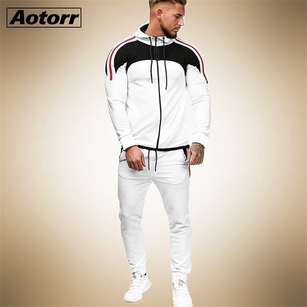 

mens casual stitching tracksuit long sleeve zipper hooded sweatshirt pants sets spring jogging sports warm jacket suit 201109, Gray