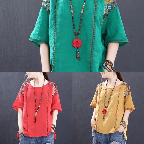 

2020 summer new and linen small floral embroidered t-shirt linencotton linen cotton linenshort-sleeved t-shirt large size women's loose, White