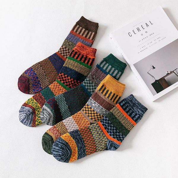 

men's socks brand business men wool thicken warm retro national style small square for snow boots 5 pairs / lot, Black