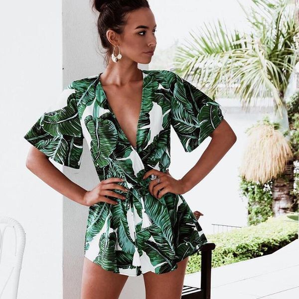 

summer jumpsuit for women leaf v lead overalls casual flare sleeve bandage playsuits combishort body femme ete qy*, Black;white