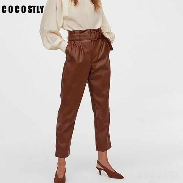 

women chic black pu faux leather pants fashion high waist pockets ladies office trousers with belt casual pleated pants bottoms y200418, Black;white