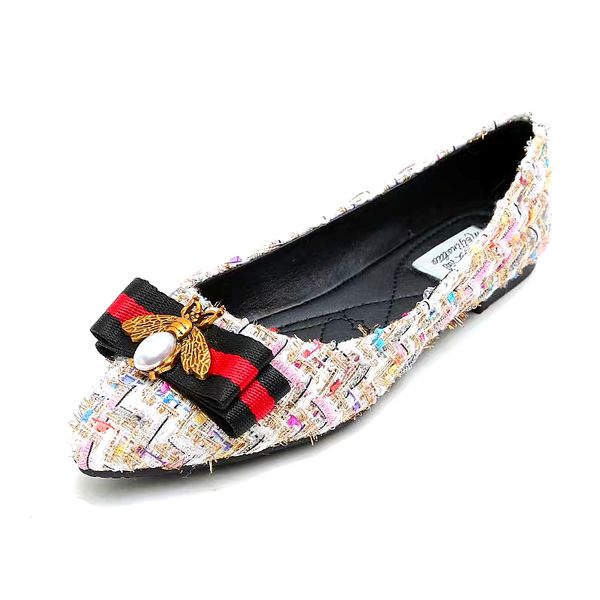 

32-44 plus size tweed flat shoes women rhinestone bee pointed toe flats breathable ladies shoe loafers luxury women shoes p246 1006, Black;white