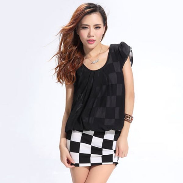 

2019 summer new style korean chiffon stitching plaid one-step skirt fashion dress 88370, White