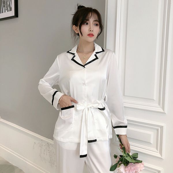 

fashions korea satins noble sets of long-sleeve pajama silk pants women sleepwear pyjamas white robes olx4, Black;brown