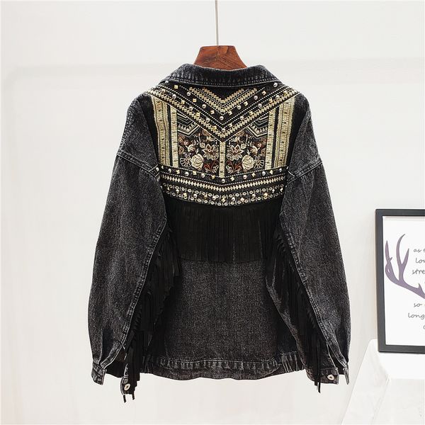 

vintage denim women jacket spring floral embroidery suede fringe loose long sleeve streetwear outerwear female boho jacket z129x1016, Black;brown