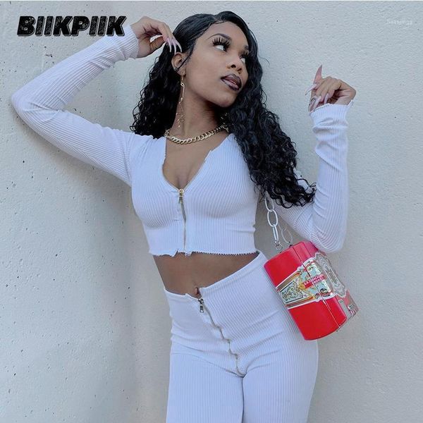 

biikpiik white solid skinny two piece set for women zipper split sporty fitness lounge wear women's blouses+pants women's sets1, Gray