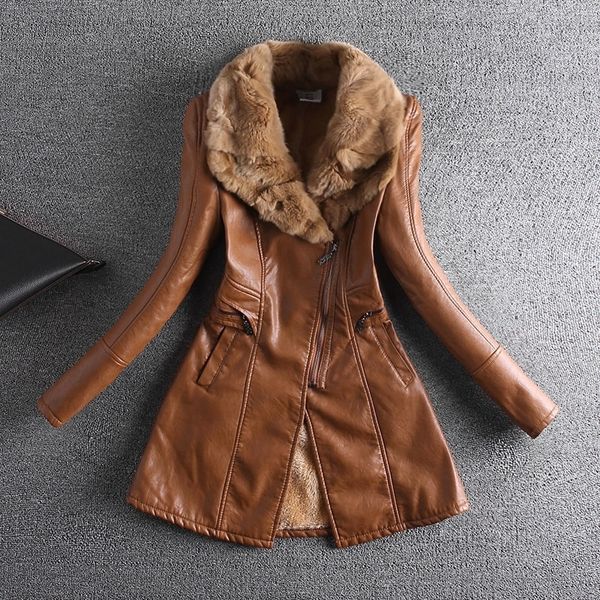 

autumn and winter female outerwear ladies clothing new slim fur collar leather pu long jacket thick leather jacket women 201030, Black