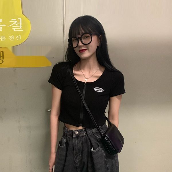 

black square neck women's korean version summer slim short bm navel short sleeve thin knit t-shirt t-shirt ins fashion wbvsj, White;black