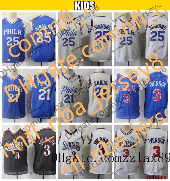 

kids youth joel embiid 25 basketball jersey vintage allen iverson nba 3 stitched boys jerseys, Black;red