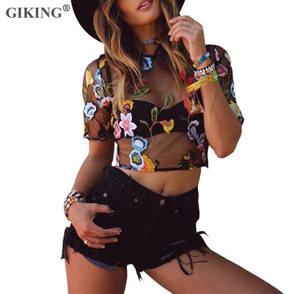 

giking embroidery print mesh summer women hollow out o-neck short t-shirts female bohemian short sleeve zipper, White