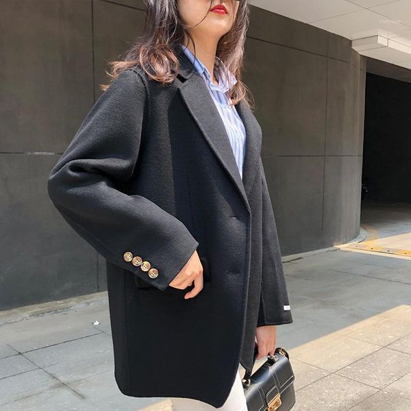 

2020 korean new double autumn sided casual women handmade long cashmere suit jacket commuting loose plus size wool coat1, Black