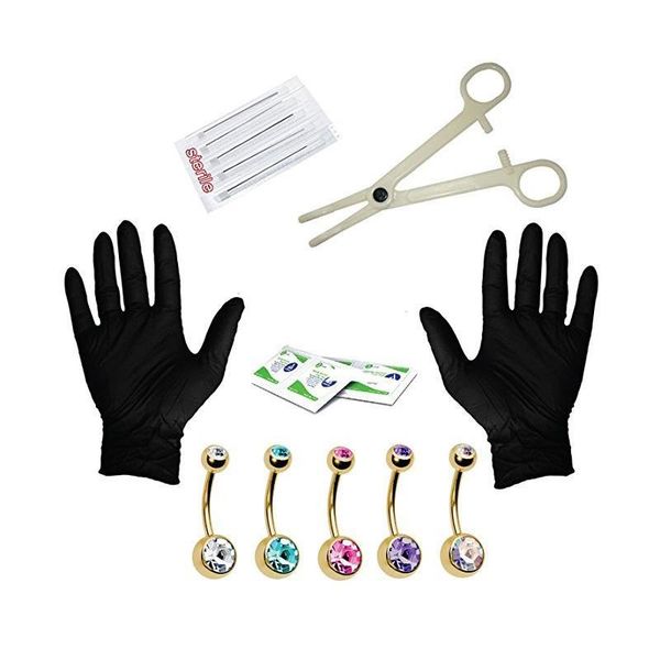 

15pcs belly piercing tool kit belly bar nose ear lip eyebrow maker piercing needle gloves set 14/16g needle tool body piring q bbyslt, Silver