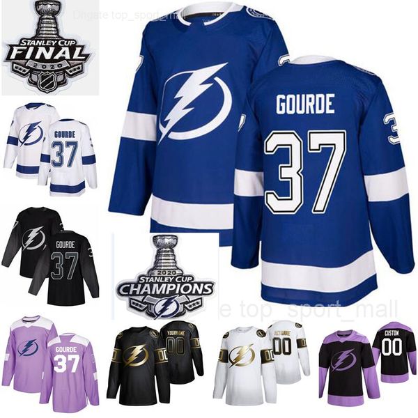 

men women kids champions 37 yanni gourde jersey 2020 stanley cup finals tampa bay lightning hockey black blue team white man youth woman, Black;red