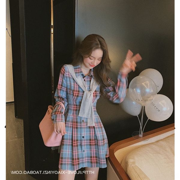 

internet celebrity 2020 autumn new korean style loose lapel skirtshawl plaid skirt shirt shawl plaid skirt two-piece suit women's fashi, Black;gray