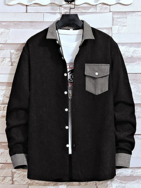 

men contrast panel flap pocket corduroy coat without k9ot#, Black;brown