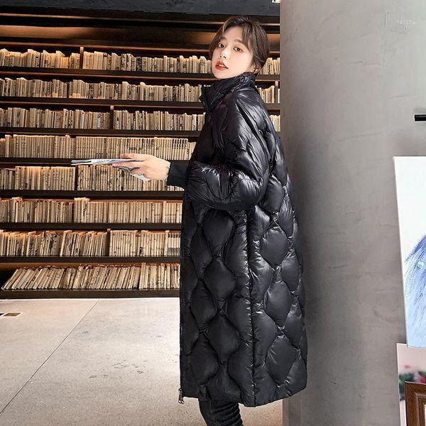 

winter glossy parkas women korea stand collar cotton padded women coat warm thick long outwear black loose casual jacket female1