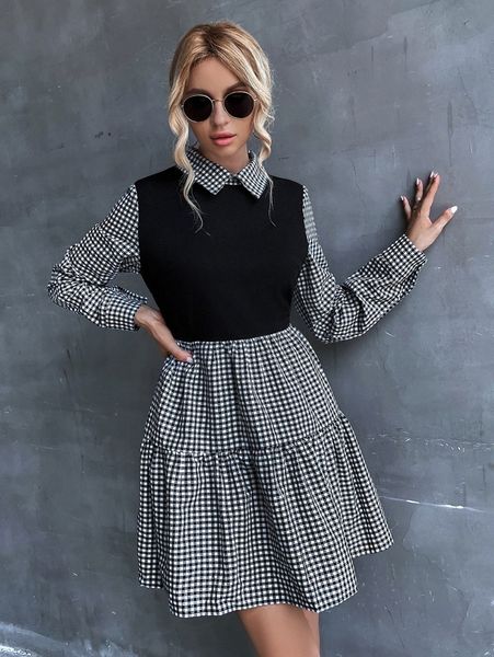 

gingham print ruffle hem dress 950w#, Black;gray