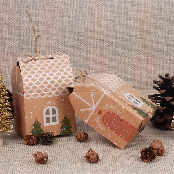 

10pcs house shape candy christmas xmas tree gift box cookie bags packaging boxes for new year guests navidad 2020