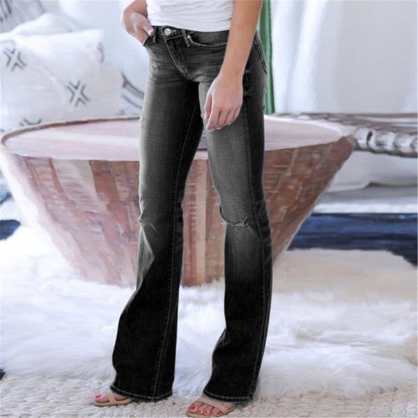 

loose ripped jeans for women highwaist 2021 new fashion vintage casual solid pocket elastic hole straight jeans slim denim pants, Blue