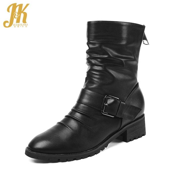 

jk motorcycle boots women round toe boot ladies mid-calf shoes female thick heels pleated shoes winter 2020 new plus size 34-52, Black