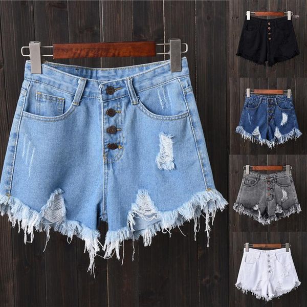 

tassel denim shorts women plus size 6xl ripped holes short pants high waist button shorts streetwear oversize 2020, Blue