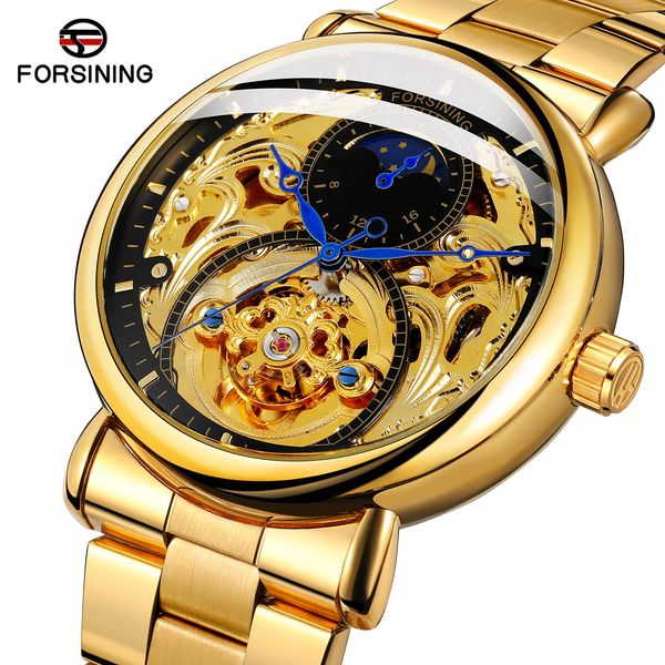 

forsining men brand automatic skeleton luxury mechanical for gold watch full business man steel sun moon display wristwatch cqhfc, Slivery;brown