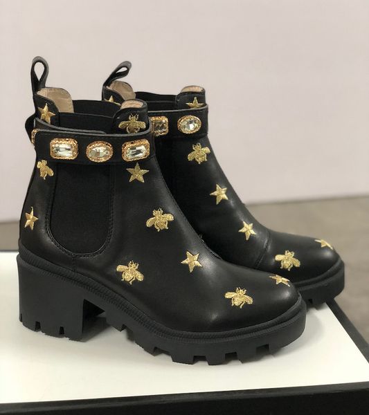 

мода женщины martin boots top calfskin лодыжка bee пустынные обувь ковбой ковбой ковбой ковбой черные коричневые бриллианты martin booti, Black