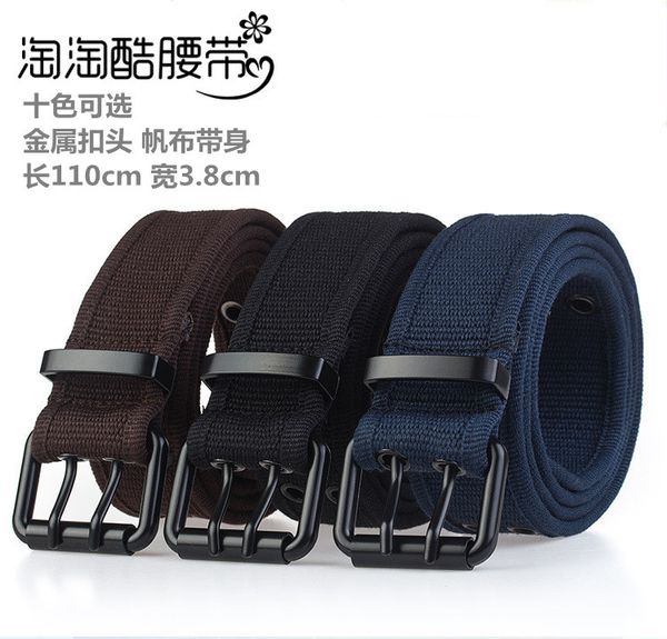 

outdoor sports double needle buckle pure cotton thread canvas woven jeans men and women military fans training belt trend, Black;brown