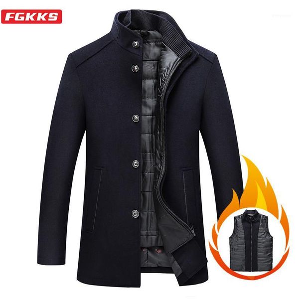 

fgkks winter brand wool blend coat men new men's fashion stand collar overcoat luxurious casual wool coats (with vest)1, Black