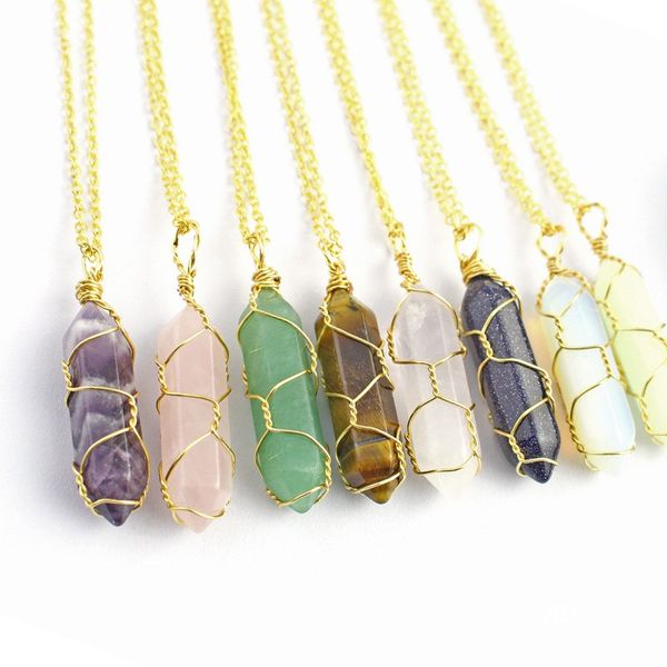 

handmade wrap natural stone bullet pendant necklace amethyst turquoise crystal quartz hexagonal jewelry for women, Silver