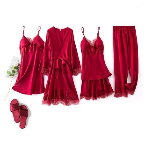 

female summer 2020 new 5pcs ice silk lace home service suspenders shorts night dress trousers thin section casual sleepwear1, Black;red