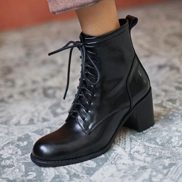

retro women motorcycle boots cross tied genuine leather thick high heels ankle boots working dancing round toe shoes woman, Black