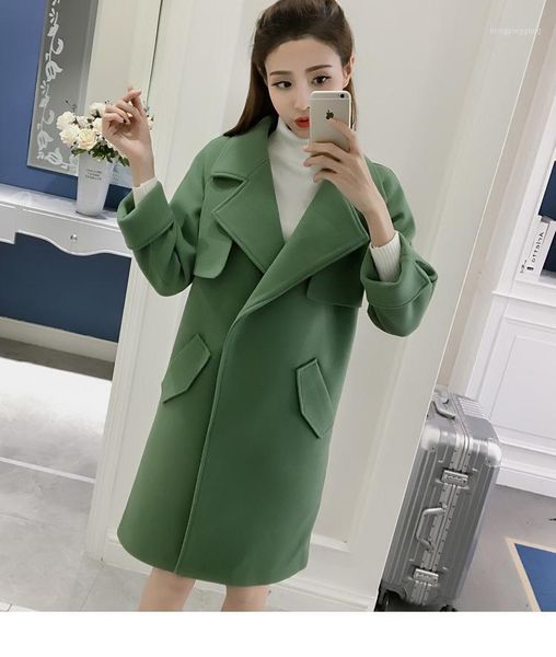 

office lady solid women long winter wool blend coat covered button wool coat and jacket turn-down collar outerwear1, Black
