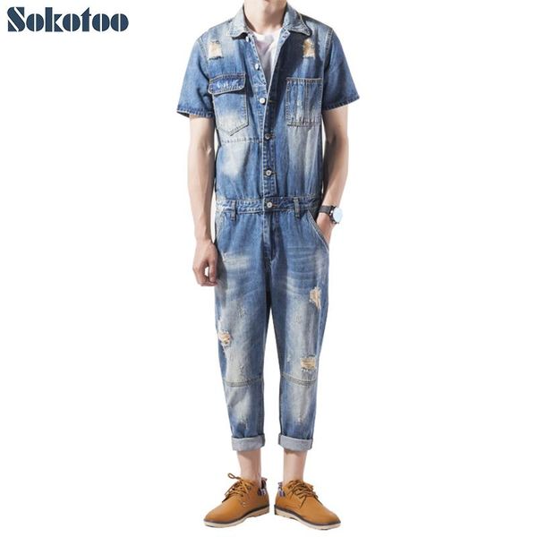 

men's jeans sokotoo short sleeve holes ripped jumpsuits casual ankle length denim overalls pockets crop set, Blue