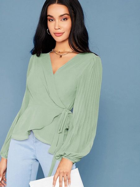 

pleated lantern sleeve tie side wrap v8ji#, White