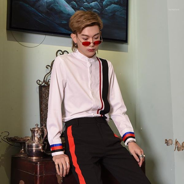 

2020 new men's korean style fashion stripe design shirts men business casual slim shirts stage singer costumes1, White;black