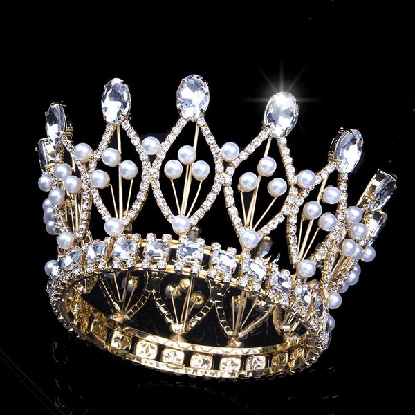 

8cm 3-1/10in height wedding bridal pearl crown and tiara for girls rhinestone crystal vintage queen crown gold headpiece jewelry, Golden;silver