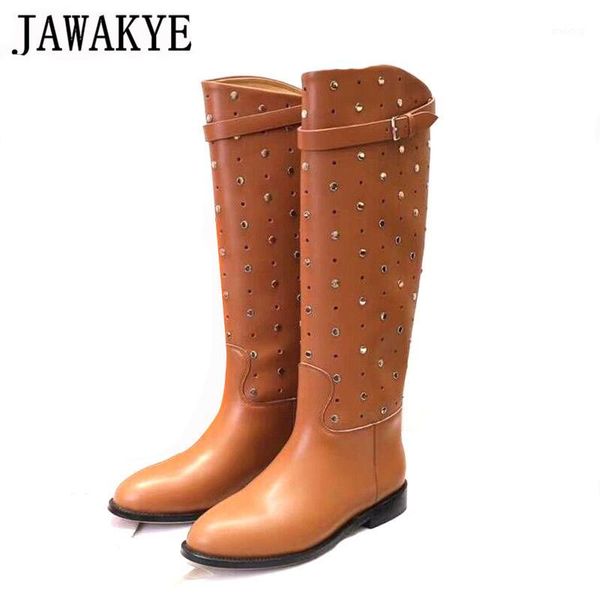 

jawakye studded flat knee high boots women brown black belt buckle strap winter crystal shoes woman leather riding knight boots1