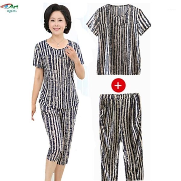 

summer milk silk short-sleeved suit middle-aged women plus size print +pants suit grandmother loose 2 pieces suits as10021, Gray