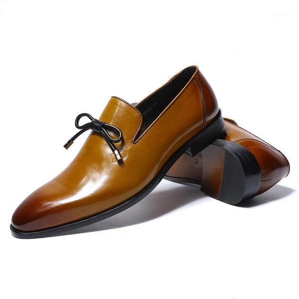 

2020 mens leather loafers with bow tie black brown casual genuine cow leather men dress shoes slip on wedding party formal shoes1