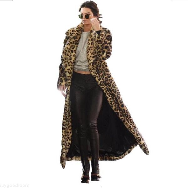 

fashion winter fur long coat leopard women show spots loose warm casual women leopard outerwear manteau thick faux fur coat, Black