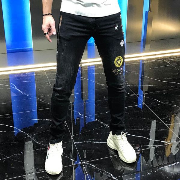 

black jeans young man autumn 2020 new elastic fashion side ironing and drilling versatile personality trend trousers man, Blue