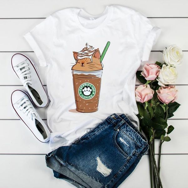 

women print clothes cat paw coffee fashion tees graphic female ladies womens lady t-shirt tumblr t shirt t-shirts, White